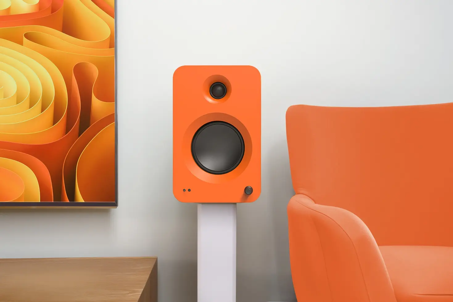 Kanto SX22 visto desde el frente, mostrando su altavoz principal y el control de volumen.