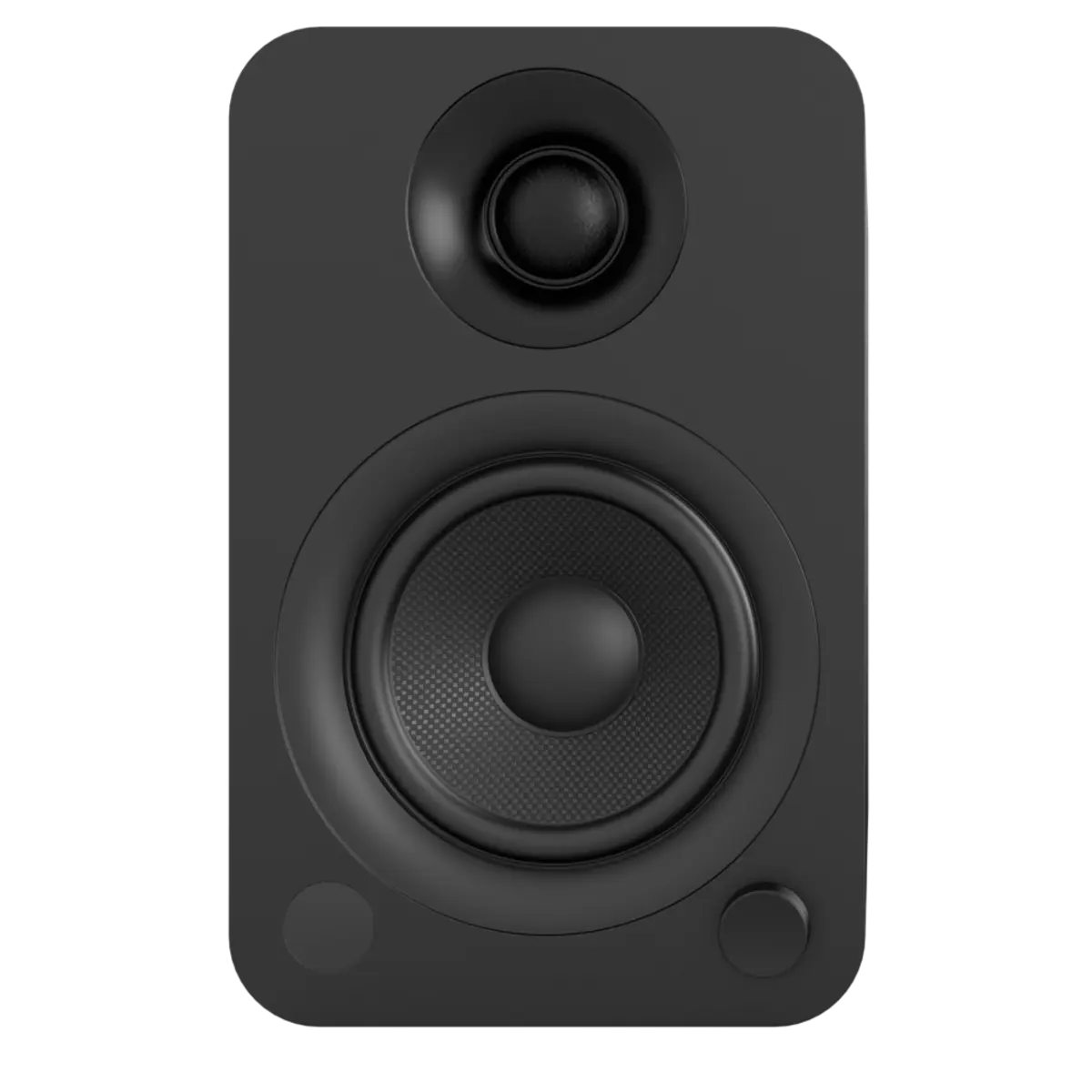 Vista frontal del Kanto YU4, mostrando el altavoz y el tweeter, con el control de volumen visible.