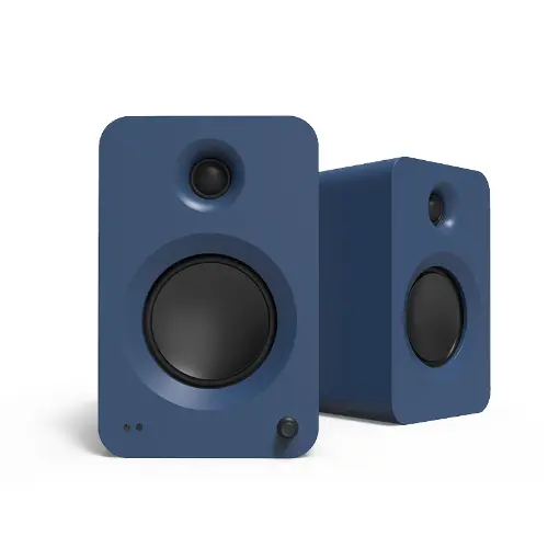 Altavoces Kanto REN en varios colores, vista frontal y lateral, con control de volumen frontal y diseño minimalista