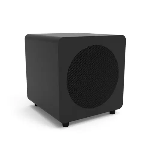 Subwoofer Kanto SUB6V negro en vista frontal lateral con rejilla de altavoz visible y diseño compacto en cubo