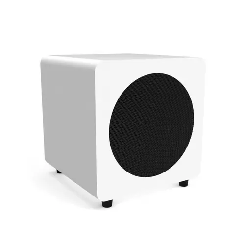 Subwoofer Kanto SUB8V blanco en vista frontal lateral, con rejilla negra visible y patas de soporte inferiores